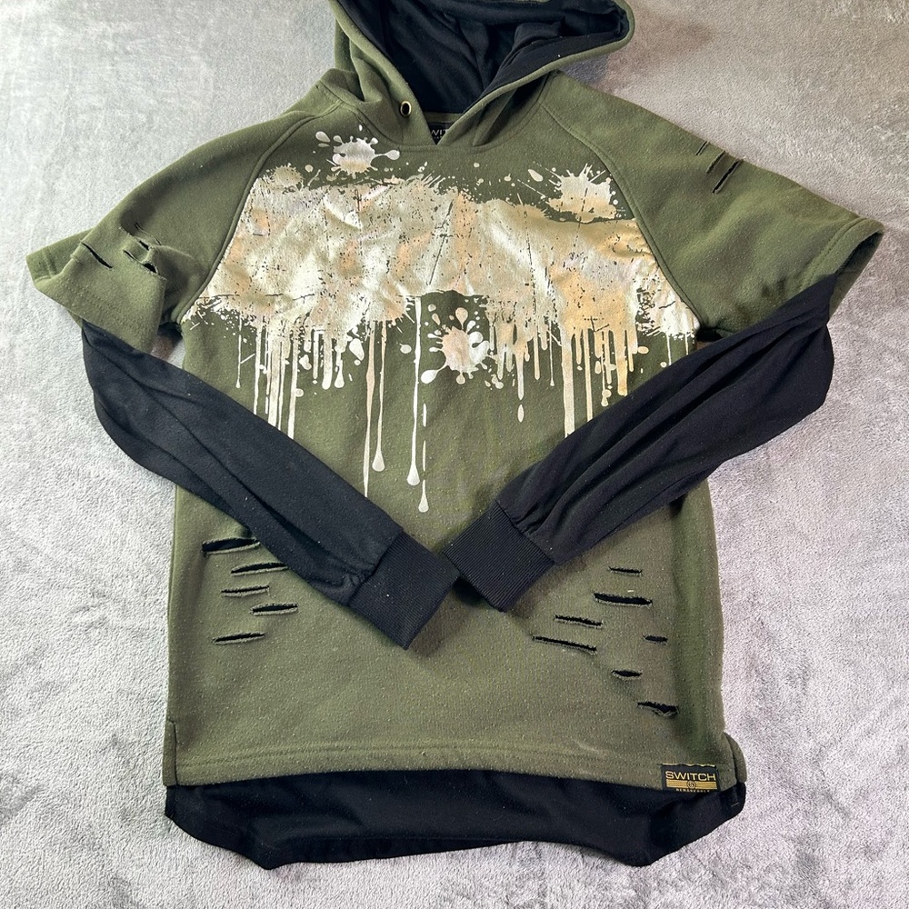 Men's Distressed Olive Hoodie with Black Sleeves
